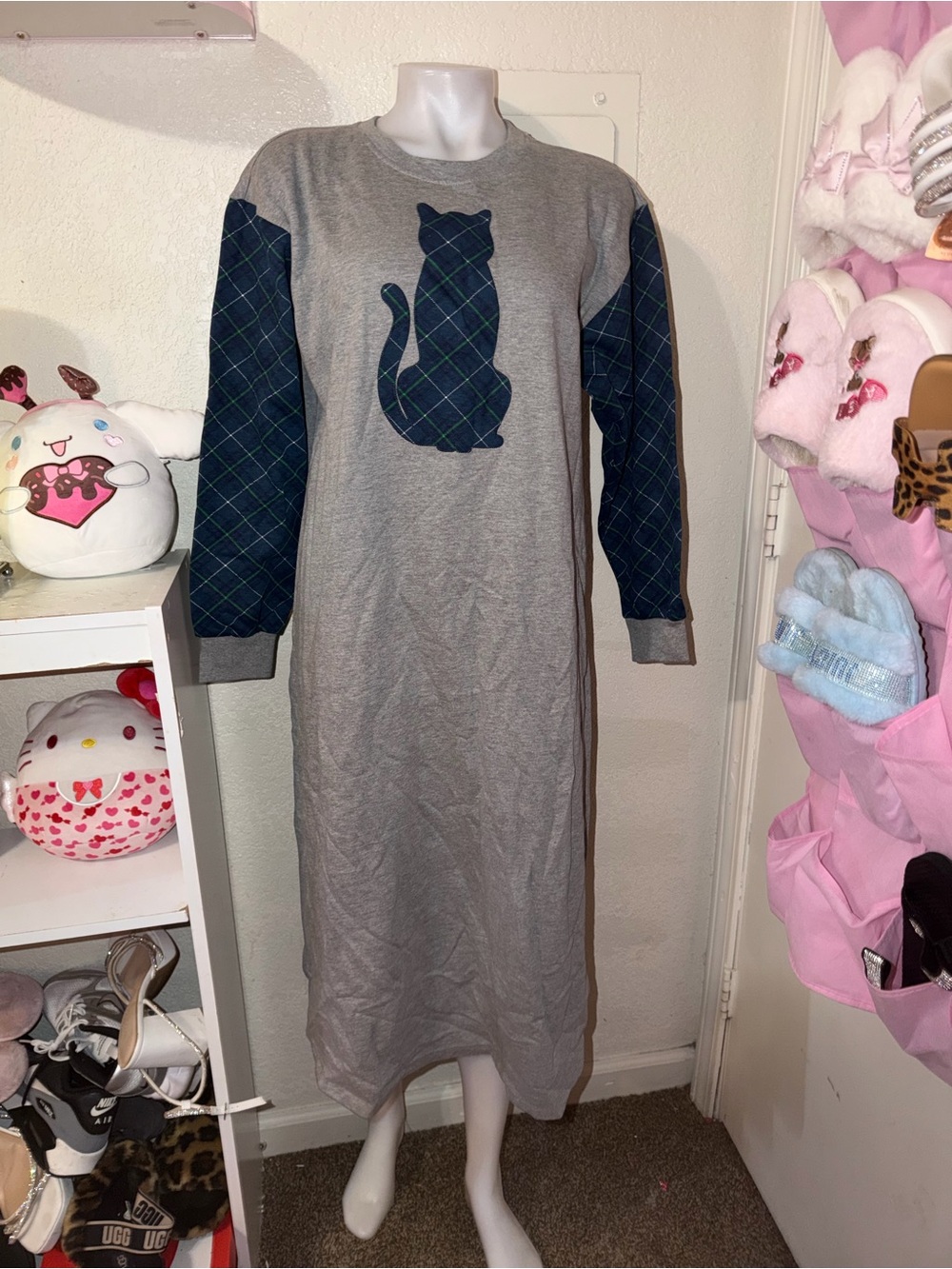 Cozy Cat Long Sleeve Nightgown - Gray with Navy Plaid